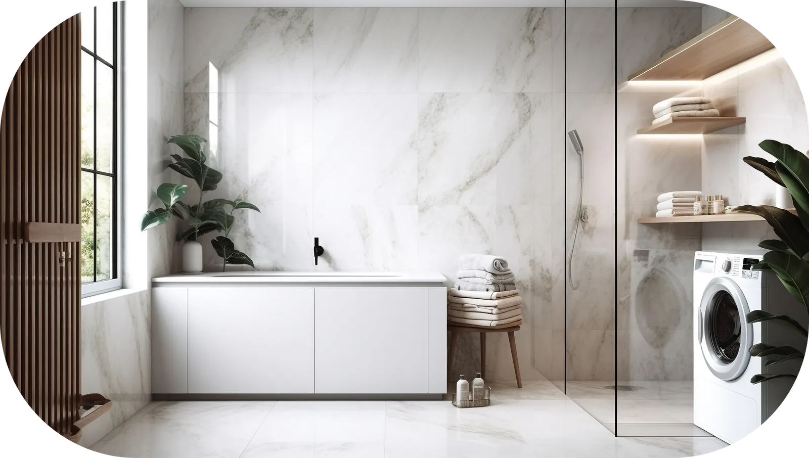 Marble-clad bathroom with a freestanding tub and shower