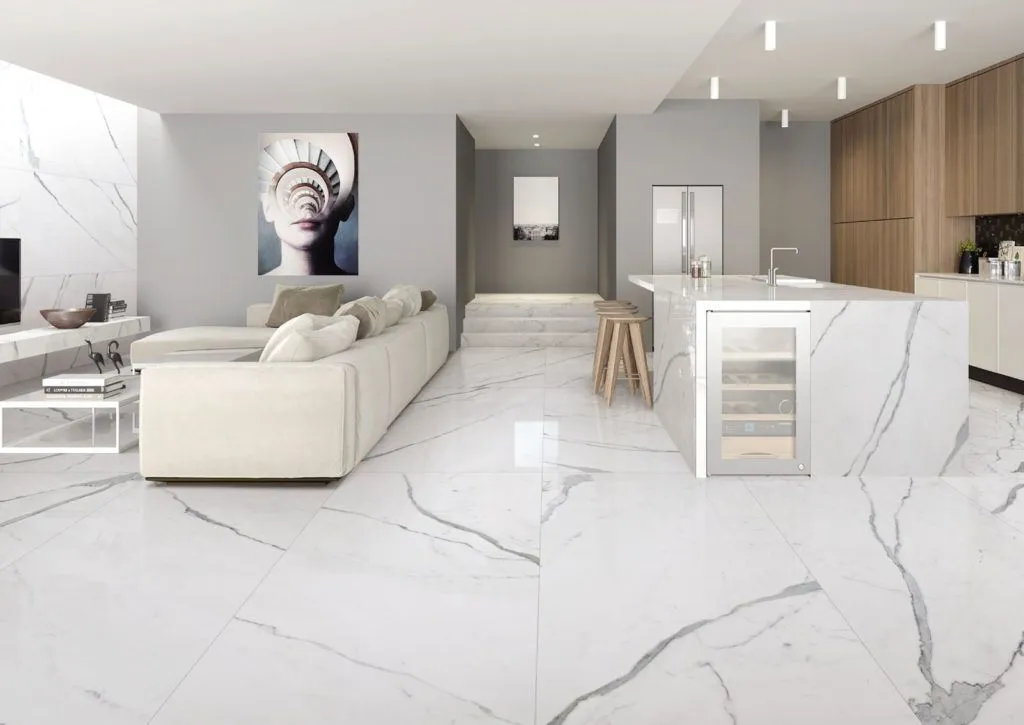 Living room and kitchen finished in white Statuario marble
